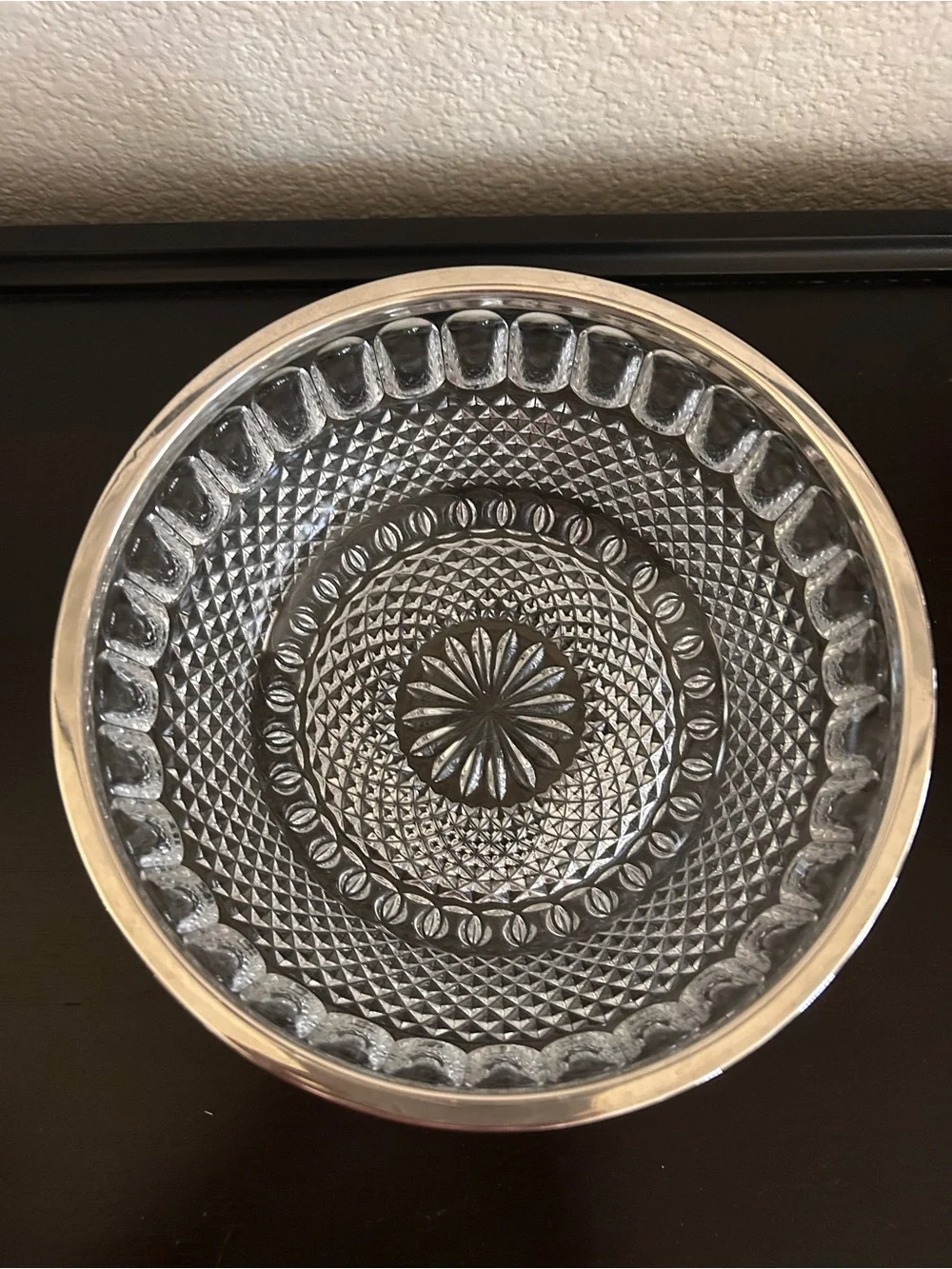 Vintage Teardrop and Diamond Point Pressed Glass Serving Bowl with Silver-Plated